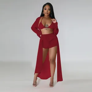Conjunto de playa sexy de 3 piezas en gasa burdeos con cárdigan largo y pantalones cortos