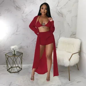 Conjunto sexy de 3 piezas burdeos con cárdigan largo de gasa y pantalones cortos