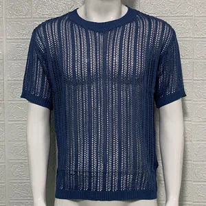 Pull en maille ajourée à manches courtes pour hommes en bleu marine, tricot d'été léger