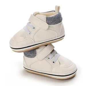 Classic high-top white faux leather baby walking shoes with anti-slip rubber soles