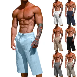 Detail of men's loose linen cotton breathable cropped pants in multiple color options.