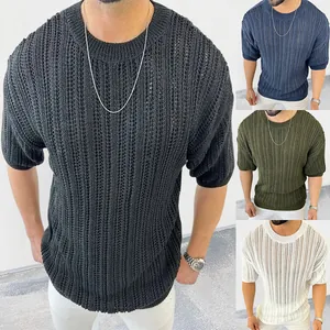 Tricot Homme Coupe Ajustée Ajouré Manches Courtes Pullover Été Respirant Pull en Maille Fine Style Décontracté