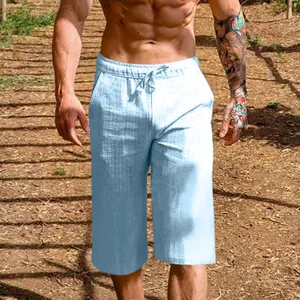 Detailed view of the light blue men's breathable linen cotton casual capri shorts.