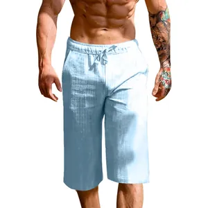 Detailed view of breathable light blue cotton linen shorts for men's summer casual wear