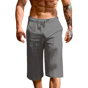 Detailed view of men's gray linen cotton breathable Capri pants featuring drawstring waist