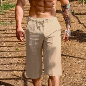 Men's loose breathable linen cotton cropped pants in beige for summer casual wear