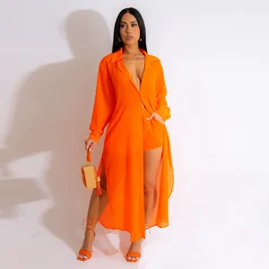 Conjunto de playa de 2 piezas naranja vibrante con camisa larga de gasa y pantalones