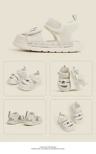 Multiple angles of white toddler sandals with anti-collision toe and velcro straps.