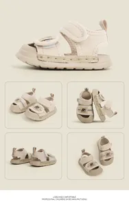 Detailed views of beige toddler walking sandals featuring anti-collision toe design