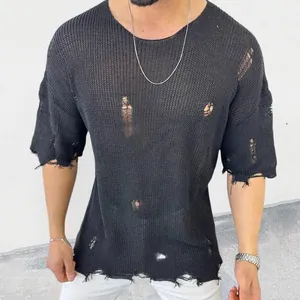 Suéter de Punto de Manga Corta con Cuello Redondo Calado para Hombre Pulóver Rasgado de Verano Ropa de Calle Casual Moda
