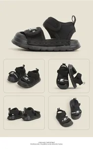 Multiple detailed views of black children's sandals featuring anti-collision design.