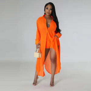 Conjunto de playa sexy de dos piezas con camisa larga de gasa naranja y pantalones