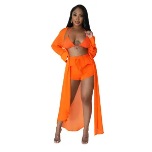 Set de playa sexy naranja de 3 piezas con cárdigan largo de gasa transparente