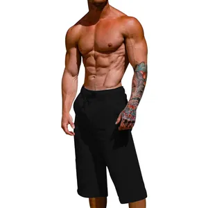 Breathable black linen cotton cropped shorts for men's summer sports and leisure.