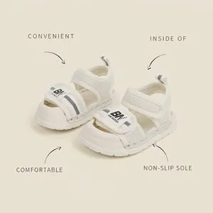 White toddler sandals with anti-collision toe and velcro straps for boys and girls