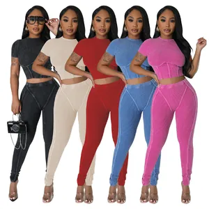 Women Sexy Ribbed Sport Set Round Neck Slim Fit Top And Bottom Casual Workout Outfits Skinny Yoga Pants Leggings Two Piece Clothing