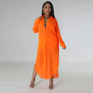Conjunto playero sexy de dos piezas de gasa naranja transparente para mujer
