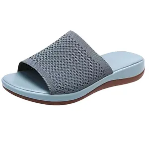 Casual blue fly-knit platform wedge slide sandals for women with breathable mesh upper