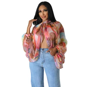Vista dettagliata di una blusa in chiffon a stampa colorata con ampie maniche a pipistrello