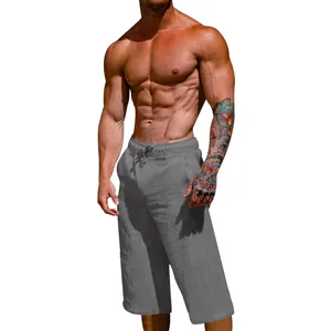 View of Men's loose grey linen cotton 3/4 pants showing the comfortable summer fit