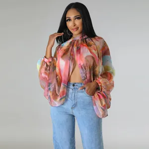 Dettaglio di una camicetta in chiffon a fiori colorati con eleganti maniche a lanterna chic.