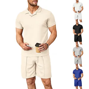 Ανδρικό Σετ Top And Bottom με Πλέξη Βάφλα Polo Μπλούζα με Λαιμόκοψη V και Σορτς Casual Καλοκαιρινό Ντύσιμο Αναπνεύσιμο Πολυέστερ