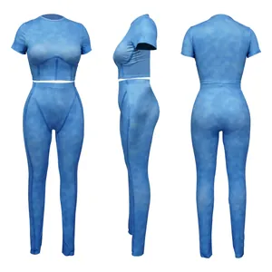 Detailed three-angle view of a blue ribbed two-piece athletic yoga set with crop top and leggings