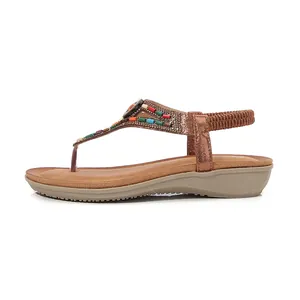Sandales compensées bohèmes bronze confortables avec perles colorées et strass