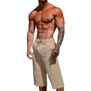 Close-up of men's breathable linen cotton 7-point casual shorts in beige finish