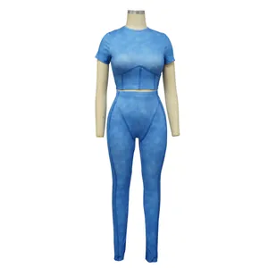 Detailed visual of a blue ribbed two-piece athletic sports set on a mannequin display