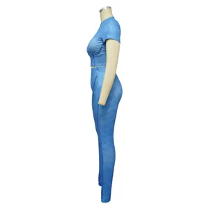 Side view of light blue ribbed two-piece activewear set with crop top and leggings