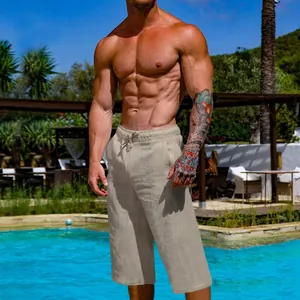 Men's breathable linen cotton cropped pants in beige for casual summer outdoor wear