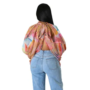 Vista posteriore di una camicetta in chiffon a stampa colorata con maniche a pipistrello.