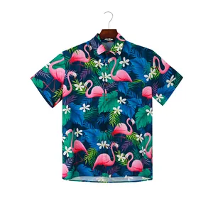 Men Flamingo Tropical Print Short Sleeve Hawaiian Shirt Navy Blue Loose Fit Lapel Button Down Casual Beach Top