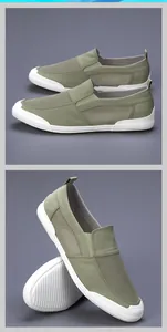 Detailansicht der atmungsaktiven, armeegrünen Slipper-Segeltuchschuhe für Herren mit Gummisohle
