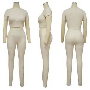 Multi-angle view of beige ribbed two-piece set with round neck crop top and leggings