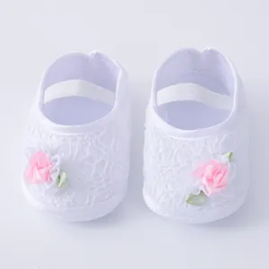 Weiße Spitzen-Prinzessinenschuhe für Baby Mädchen mit rosa Blumen für Neugeborene