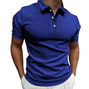 Close-up of a men's slim-fit royal blue polo shirt with short sleeves and buttons.
