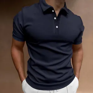 Slim fit navy blue short sleeve polo shirt for men featuring a classic three-button placket