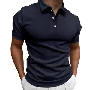 Detailed view of a slim fit navy blue short sleeve polo shirt with a classic buttoned collar