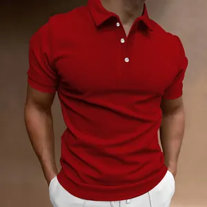 Close-up view of a premium men's slim fit red polo shirt with casual short sleeves