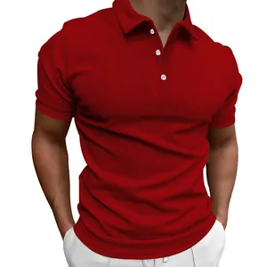 Men's casual red short-sleeve polo shirt with white buttons and slim fit design.