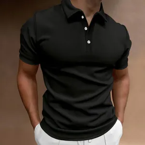 Detailed view of a slim fit black polo shirt for men featuring classic white buttons.