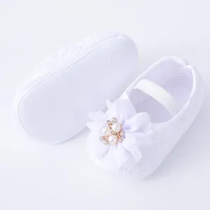 Elegant white lace baby girl princess dress shoes with flower detail and soft sole