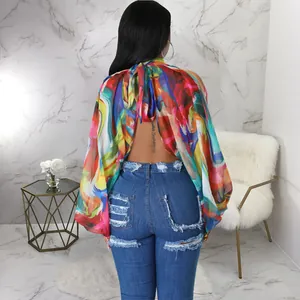 Vista posteriore di una camicetta in chiffon con stampa astratta colorata e maniche a pipistrello