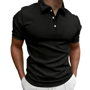 Detailed macro view of a slim-fit black short-sleeve polo shirt worn by a male model.