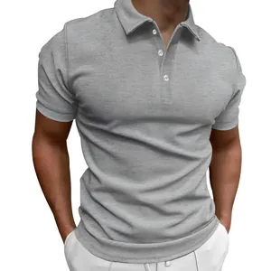 Detailed texture view of a gray slim-fit men's polo shirt with buttoned lapel.
