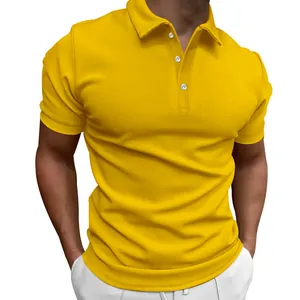 Close-up of vibrant yellow men's polo shirt with slim fit and buttoned collar