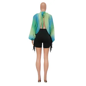 Dettaglio posteriore di un top in chiffon sfumato blu e verde con maniche larghe