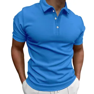 Detail view of men's casual blue polo shirt showing texture and three-button collar design
